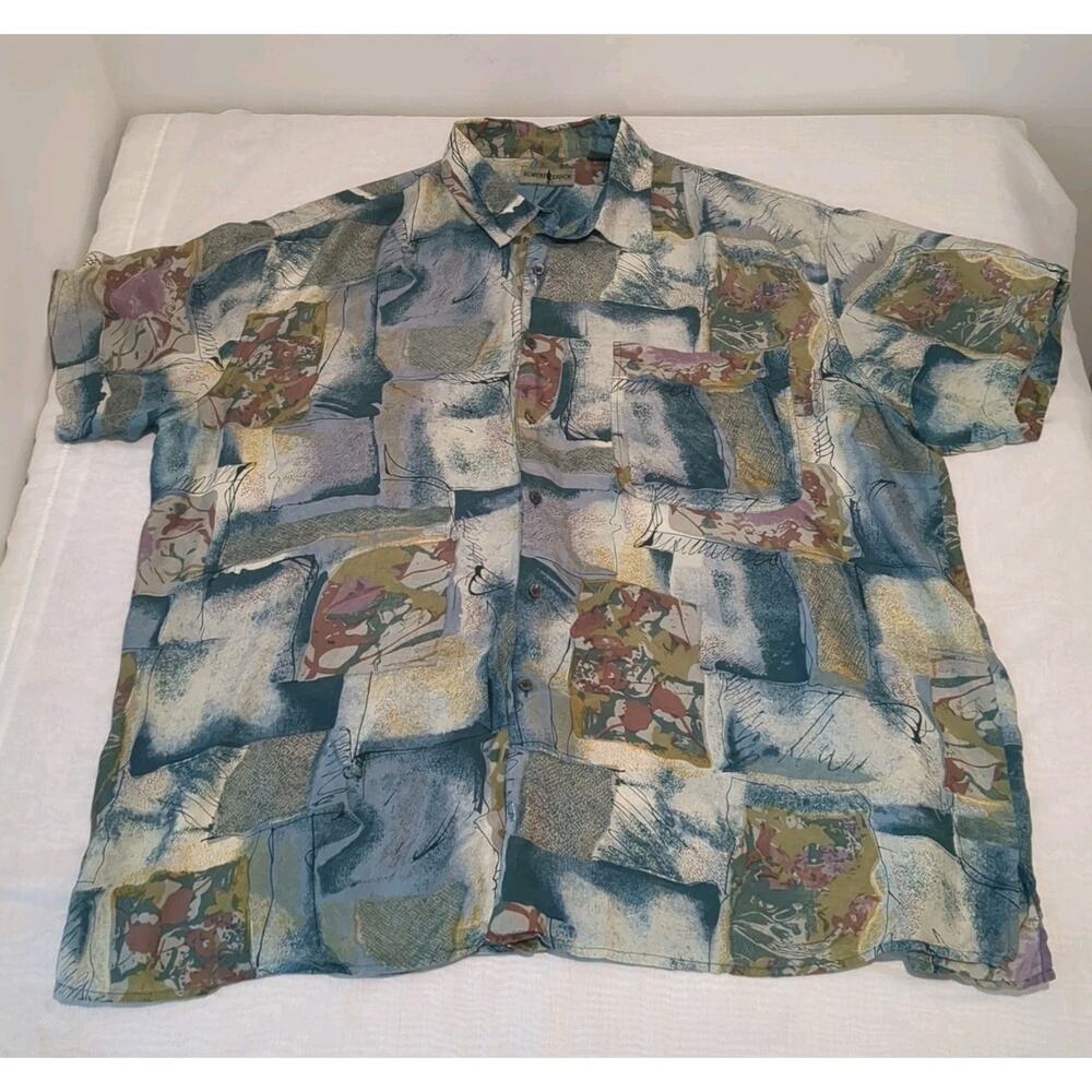Robert Stock Vintage 100% Silk Shirt Men's Size 2XL Abstract Print Short Sleeve